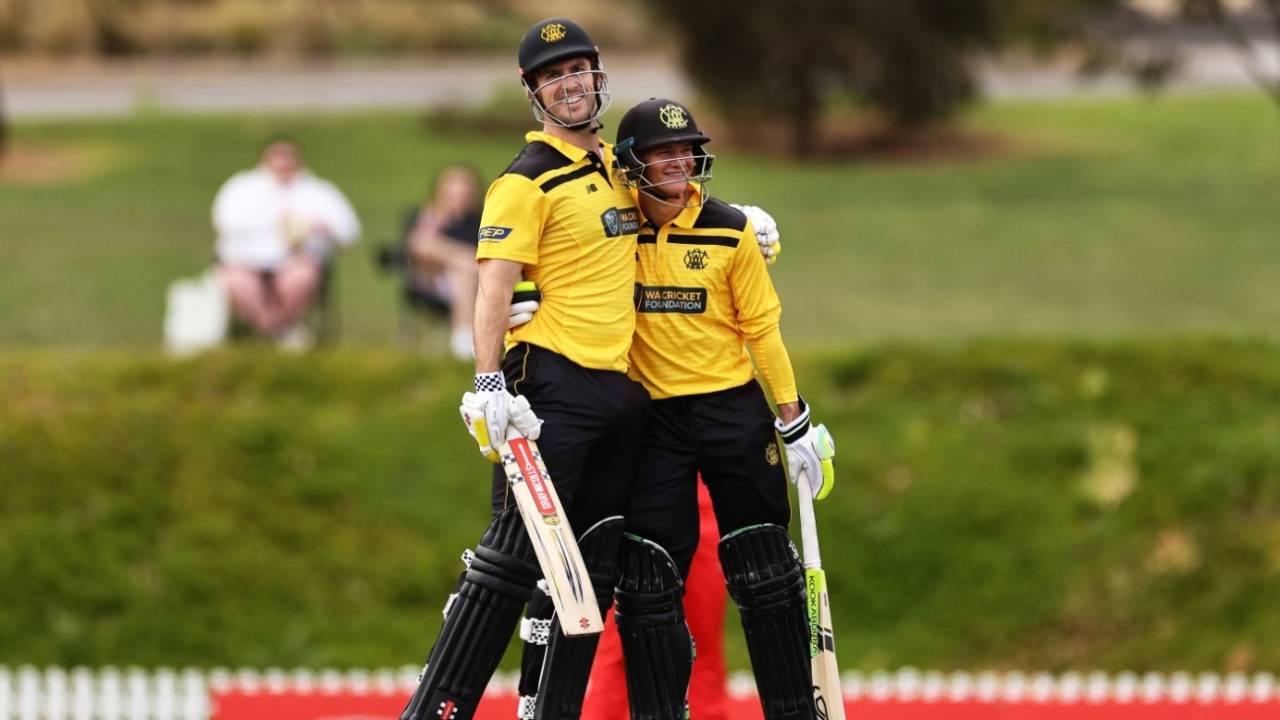Mitchell Marsh and Josh Philippe celebrate twin centuries and a record partnership, South Australia vs Western Australia, Marsh Cup, September 22, 2021, Karen Rolton Oval, Adelaide