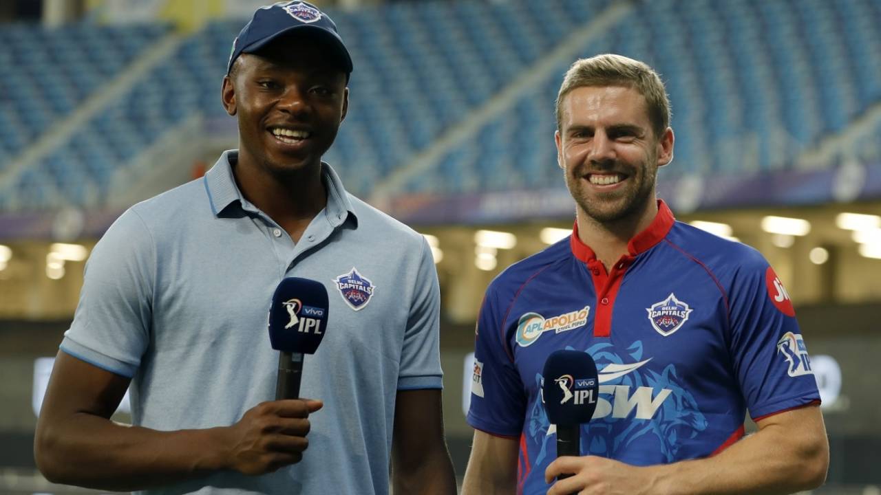 Kagiso Rabada and Anrich Nortje are all smiles, Delhi Capitals vs Sunrisers Hyderabad, 33rd match, IPL 2021, Dubai, September 22, 2021