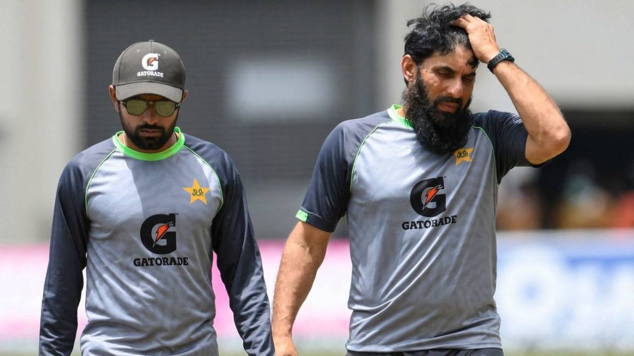 Babar Azam and coach Misbah ul Haq walk off after play was suspended due to a wet patch, West Indies vs Pakistan, 2nd Test, Jamaica, 3rd day, August 22, 2021
