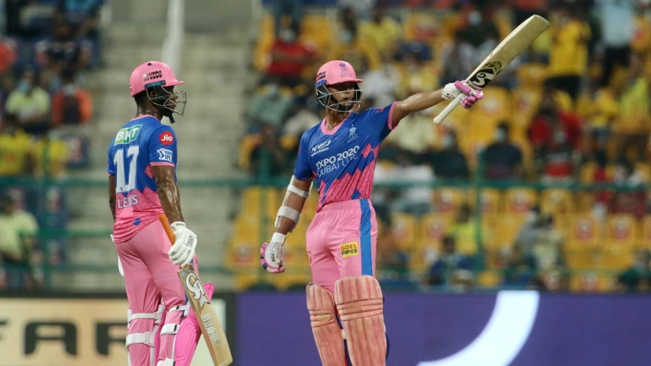 Yashasvi Jaiswal celebrates his breakneck half-century, Chennai Super Kings vs Rajasthan Royals, IPL 2021, Abu Dhabi, October 2, 2021