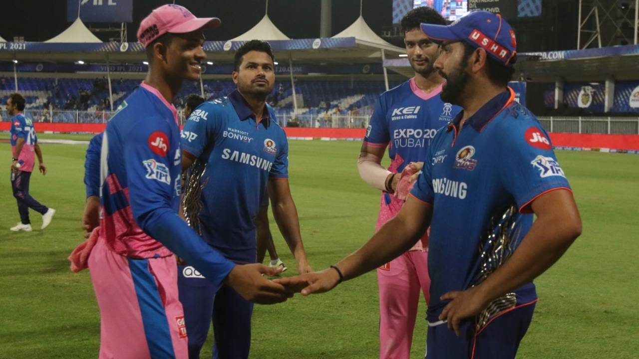 Before and after Mumbai Indians - there's Mumbai. Rohit Sharma, Yashasvi Jaiswal, Aditya Tare and Shivam Dube catch up, Rajasthan Royals vs Mumbai Indians, IPL 2021, Sharjah, October 5, 2021