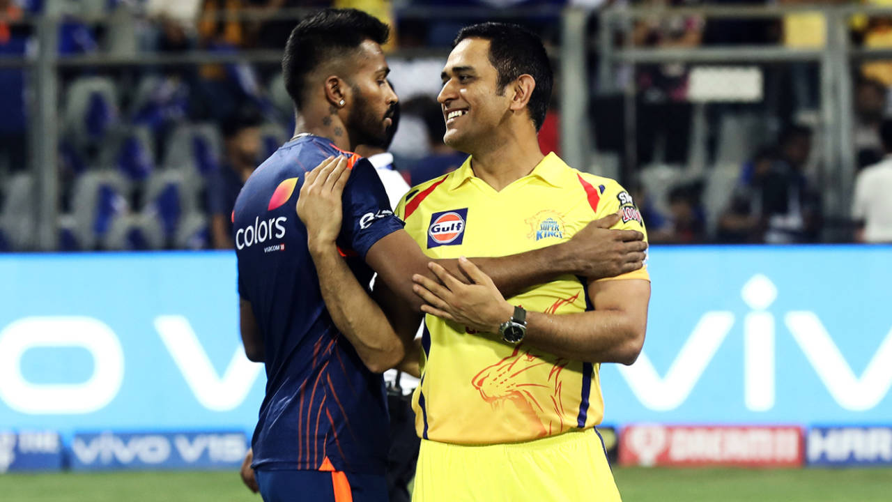 Hardik Pandya and MS Dhoni hug each other, Mumbai Indians v Chennai Super Kings, IPL 2019, Mumbai, April 3, 2019