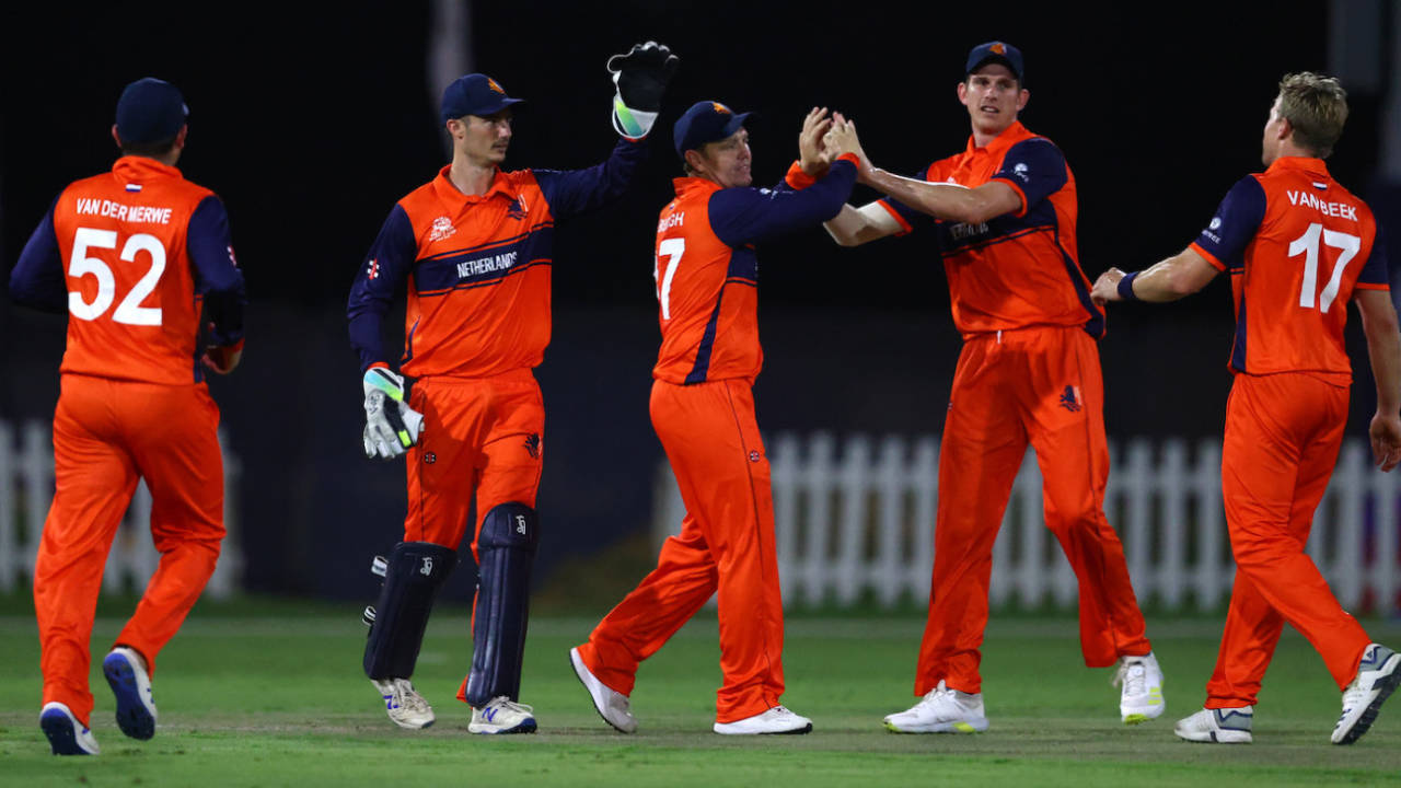 Stephan Myburgh celebrates with captain Pieter Seelaar after the fall of a wicket, Scotland vs Netherlands, T20 World Cup 2021 warm-ups, Abu Dhabi, October 12, 2021