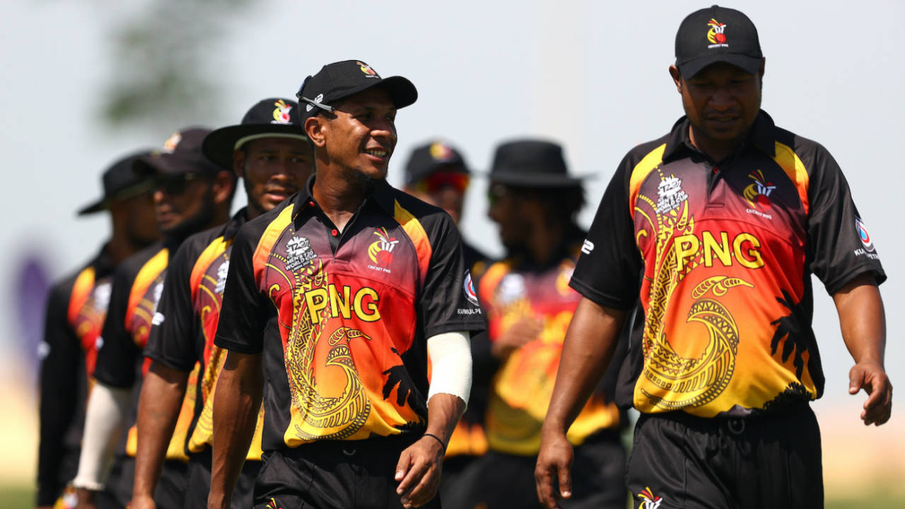 Assad Vala and Charles Amini lead the team out, Papua New Guinea vs Sri Lanka, warm-up match, Tolerance Oval, T20 World Cup 2021, October 14, 2021
