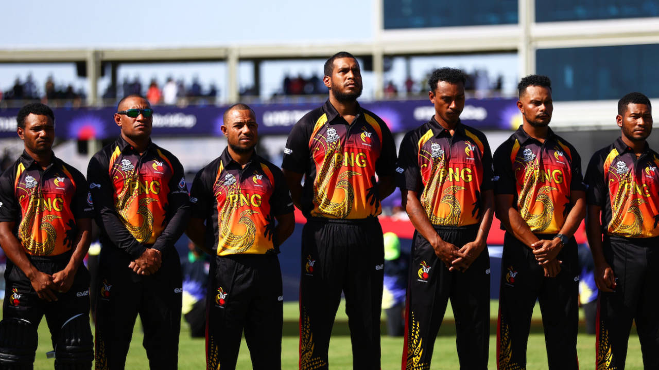 PNG players during the national anthems, Oman vs Papua New Guinea, T20 World Cup, Muscat, October 17, 2021