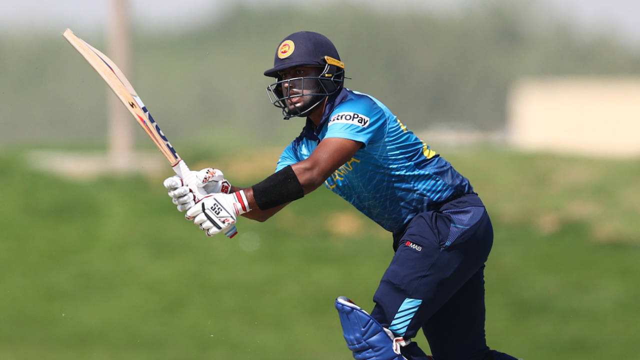 Avishka Fernando plays towards midwicket in the warm-up game against PNG, Abu Dhabi, October 14, 2021