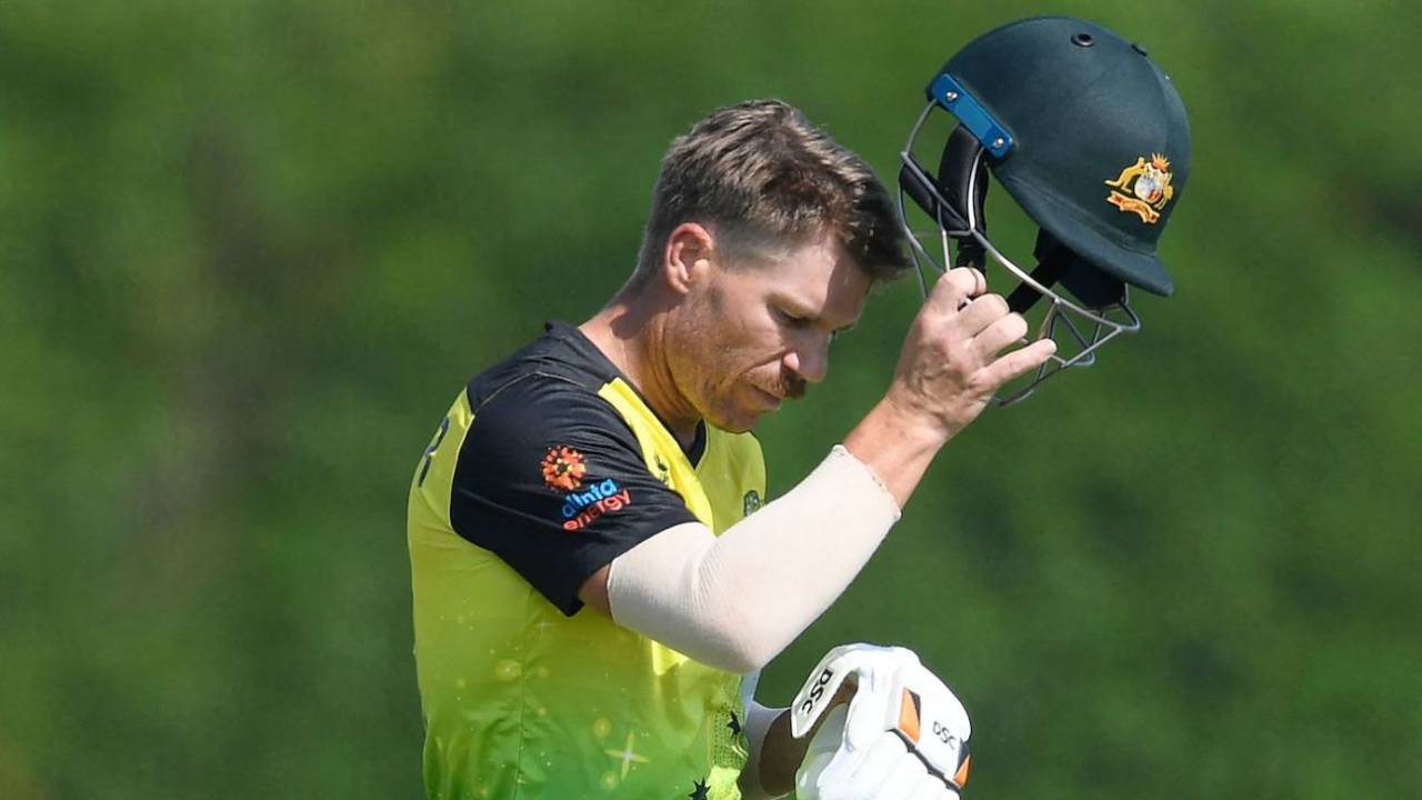 David Warner walks back after being dismissed for 1, Australia vs India, T20 World Cup warm-ups, Dubai, October 20, 2021