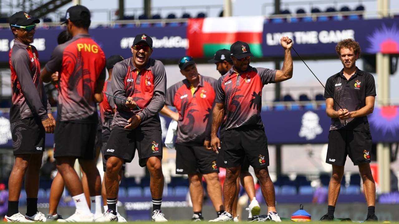 PNG players warm up ahead of the game against Bangladesh, Bangladesh vs PNG, T20 World Cup, Al Amerat, October 21, 2021
