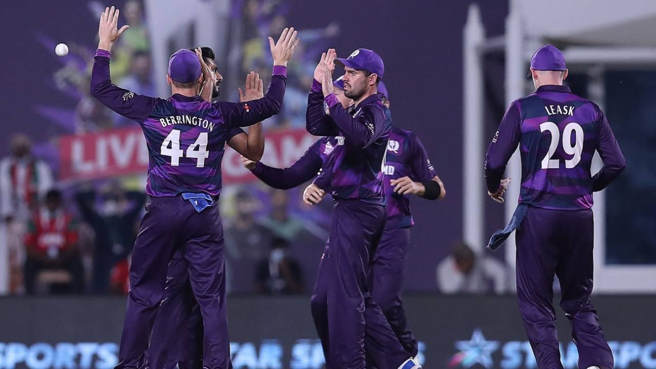 Scotland players celebrate the wicket of Kashyap Prajapati, Oman vs Scotland, T20 World Cup, Muscat, October 21, 2021