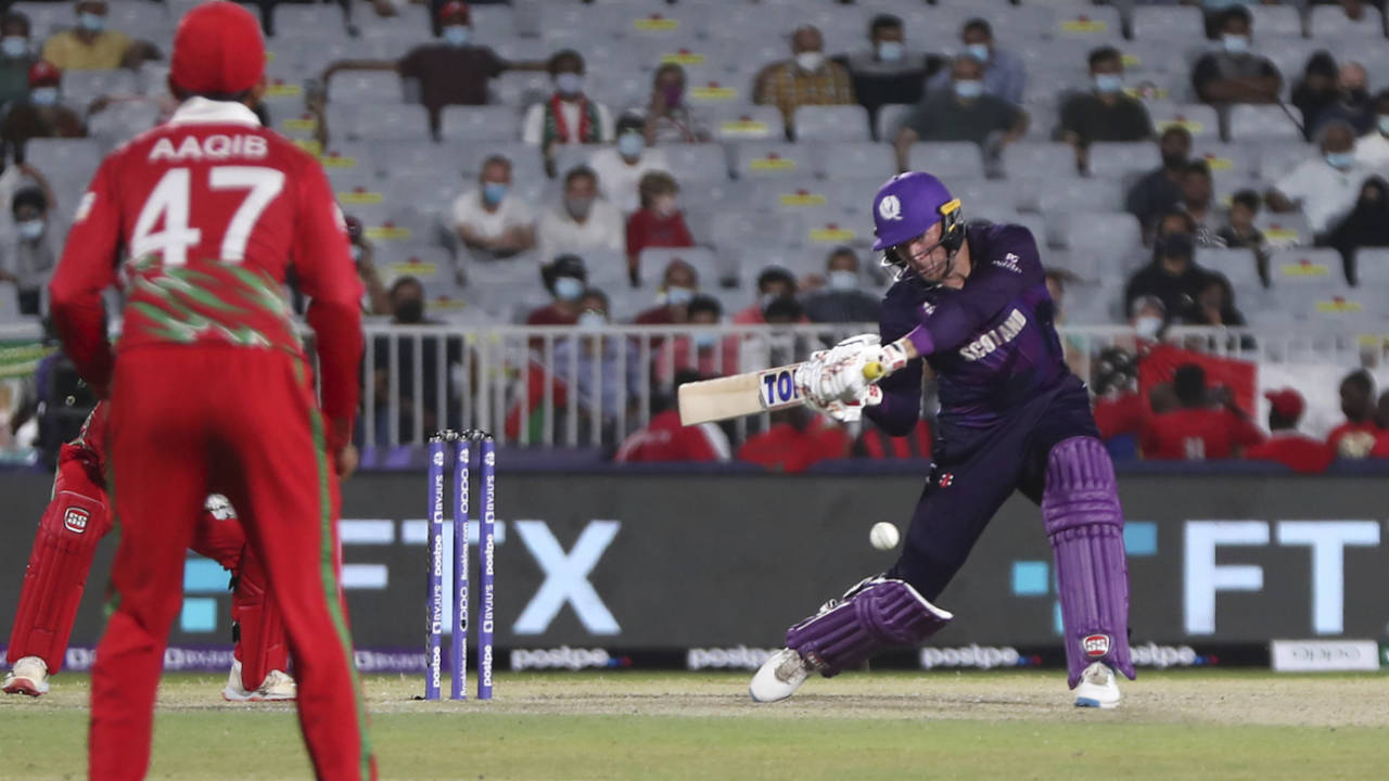 Richie Berrington goes after the ball, Oman vs Scotland, T20 World Cup 2021, Muscat, October 21, 2021