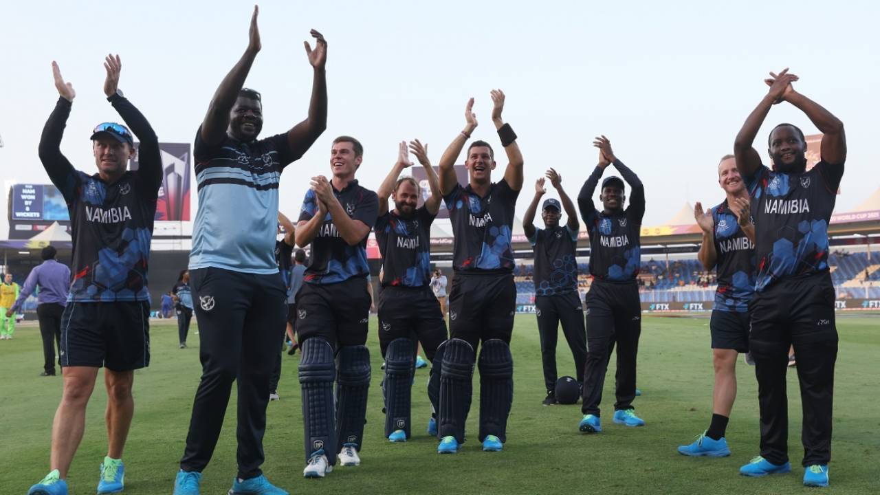 Namibia celebrate after they sealed a spot in the Super 12s&nbsp;&nbsp;&bull;&nbsp;&nbsp;ICC via Getty