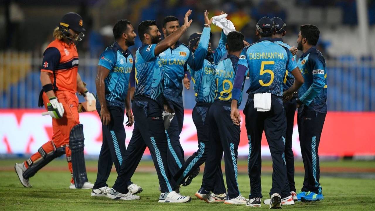 Sri Lanka celebrate the dismissal of Max O'Dowd, Netherlands vs Sri Lanka, T20 World Cup, Sharjah, October 22, 2021
