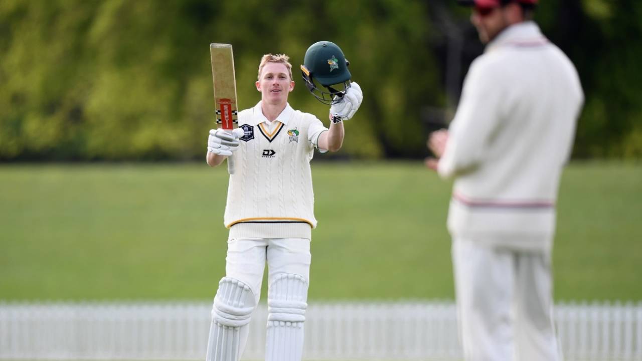Bayley Wiggins celebrates scoring a hundred, Canterbury vs Central Districts, Plunket Shield, Christchurch, October 23, 2021