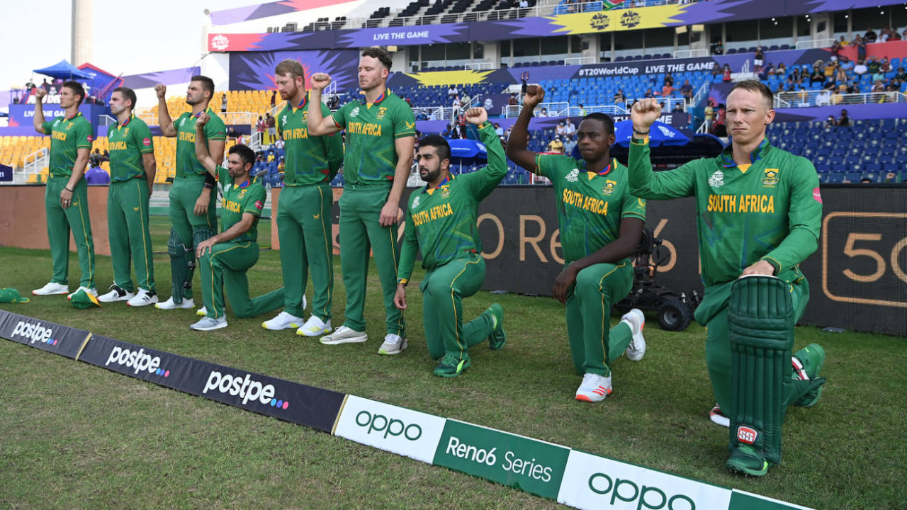 Before South Africa's T20 World Cup opener against Australia, some of the players took a knee&nbsp;&nbsp;&bull;&nbsp;&nbsp;ICC via Getty