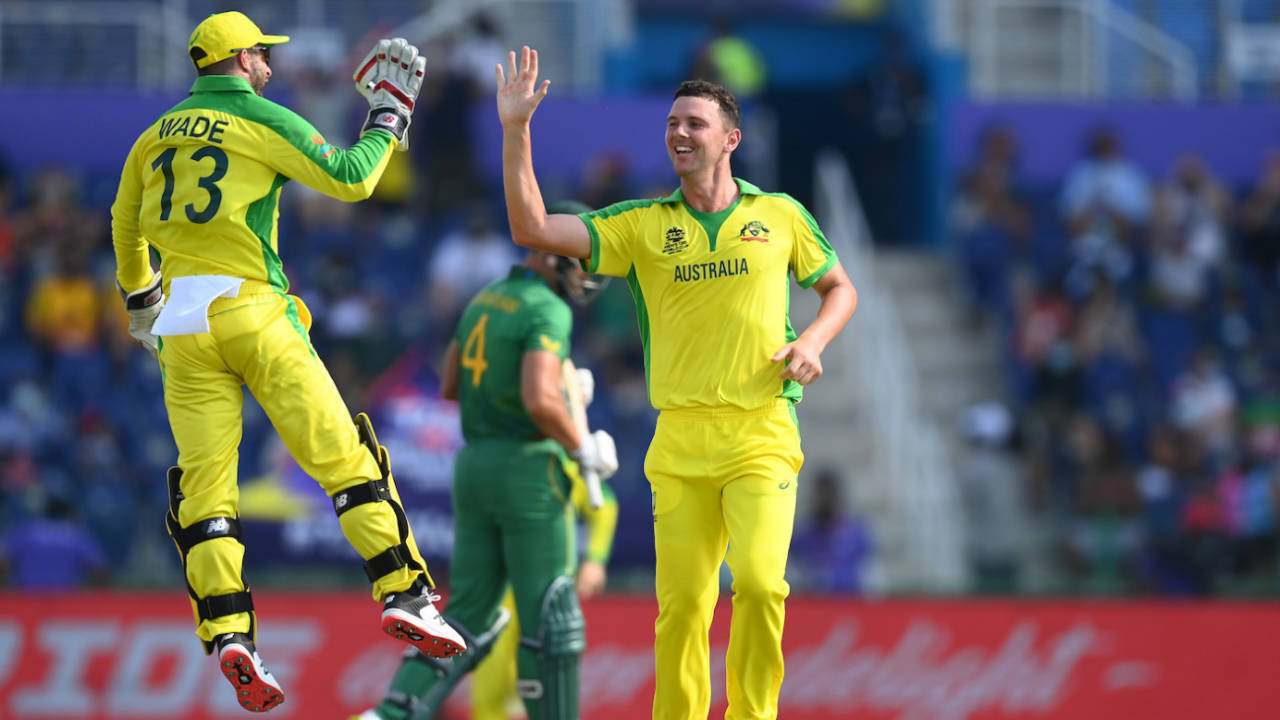 Matthew Wade leaps to celebrate another strike from Josh Hazlewood, Australia vs South Africa, T20 World Cup 2021, Group 1, Abu Dhabi, October 23, 2021
