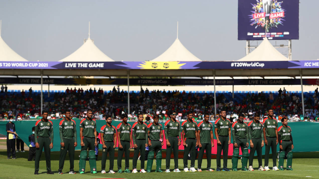 The Bangladesh players line up as their national anthem is played, Bangladesh vs Sri Lanka, T20 World Cup, Group 1, Sharjah, October 24, 2021
