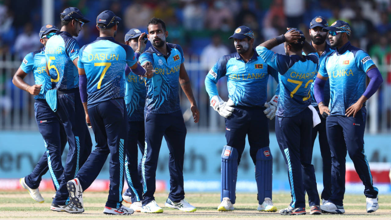 Chamika Karunaratne celebrates after dismissing Shakib Al Hasan, Bangladesh vs Sri Lanka, T20 World Cup, Group 1, Sharjah, October 24, 2021