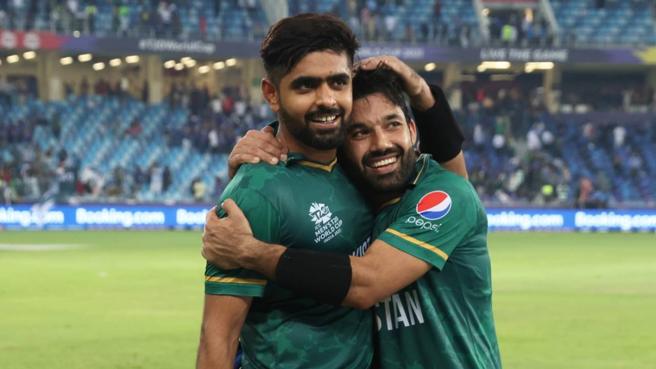 Babar Azam and Mohammad Rizwan soak in the moment after guiding Pakistan to a 10-wicket win, India vs Pakistan, Men's T20 World Cup 2021, Super 12s, Dubai, October 24, 2021