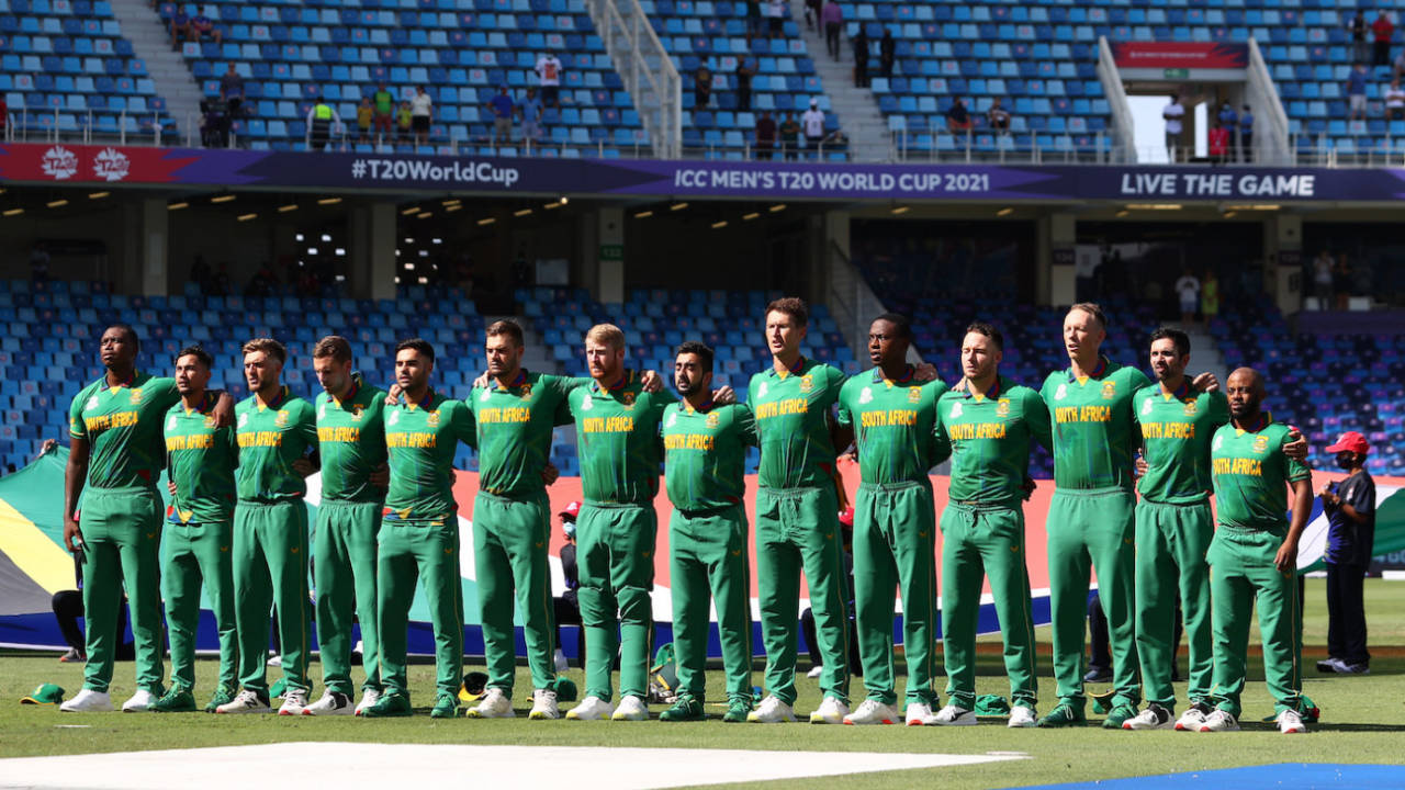The South Africa players line up for their national anthem at the 2021 Men's T20 World Cup&nbsp;&nbsp;&bull;&nbsp;&nbsp;ICC via Getty