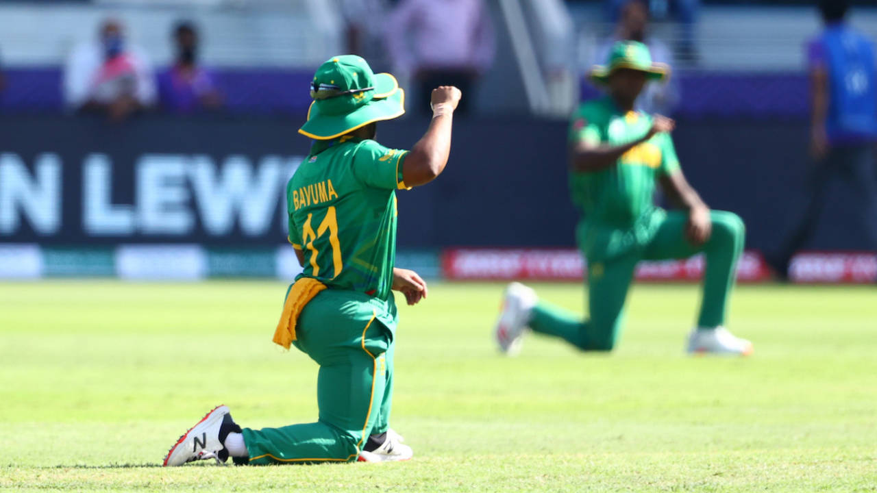 Temba Bavuma takes a knee before the start of the game, South Africa vs West Indies, T20 World Cup, Group 1, Dubai, October 26, 2021