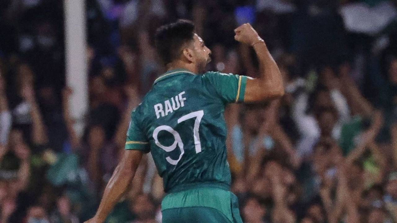 Haris Rauf is jubilant after picking up a wicket, New Zealand vs Pakistan, T20 World Cup, Group 2, Sharjah, October 26, 2021