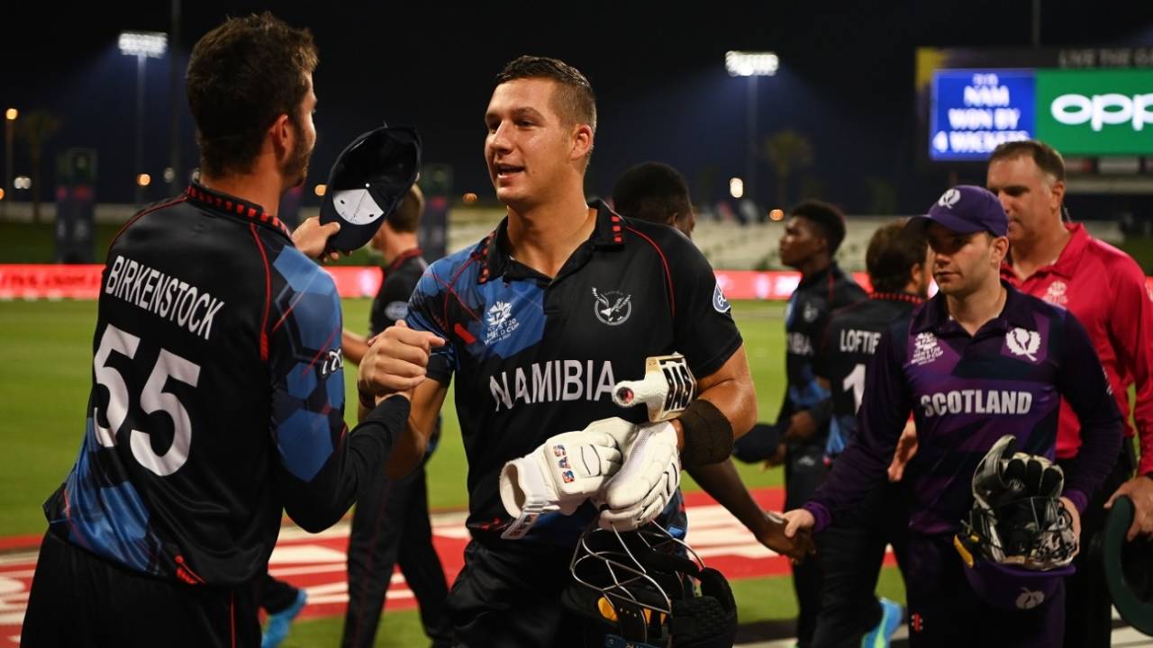 JJ Smit and Karl Birkenstock greet each other after Namibia beat Scotland, Scotland vs Namibia, T20 World Cup 2021, Group 2, Abu Dhabi, October 27, 2021