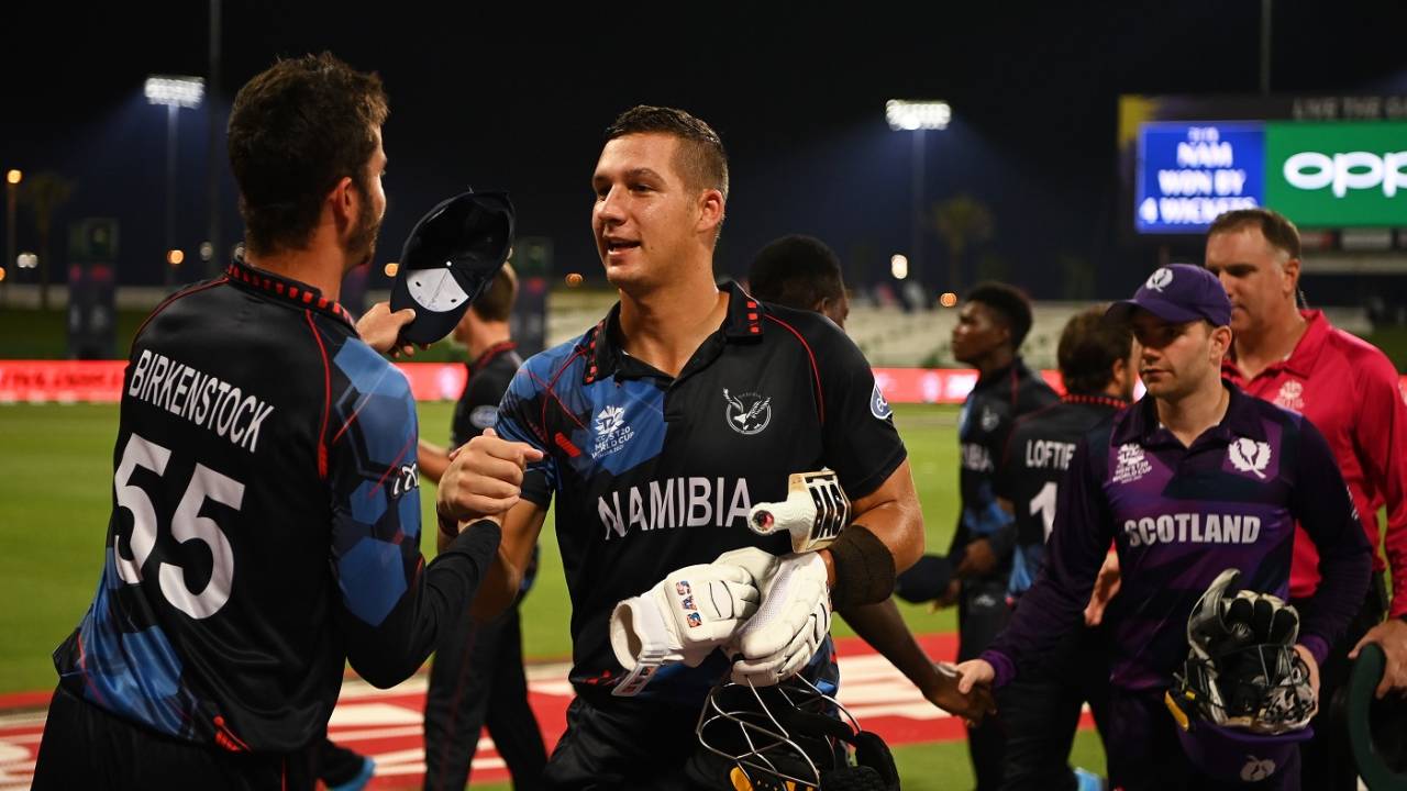 JJ Smit and Karl Birkenstock greet each other after Namibia beat Scotland, Scotland vs Namibia, T20 World Cup 2021, Group 2, Abu Dhabi, October 27, 2021