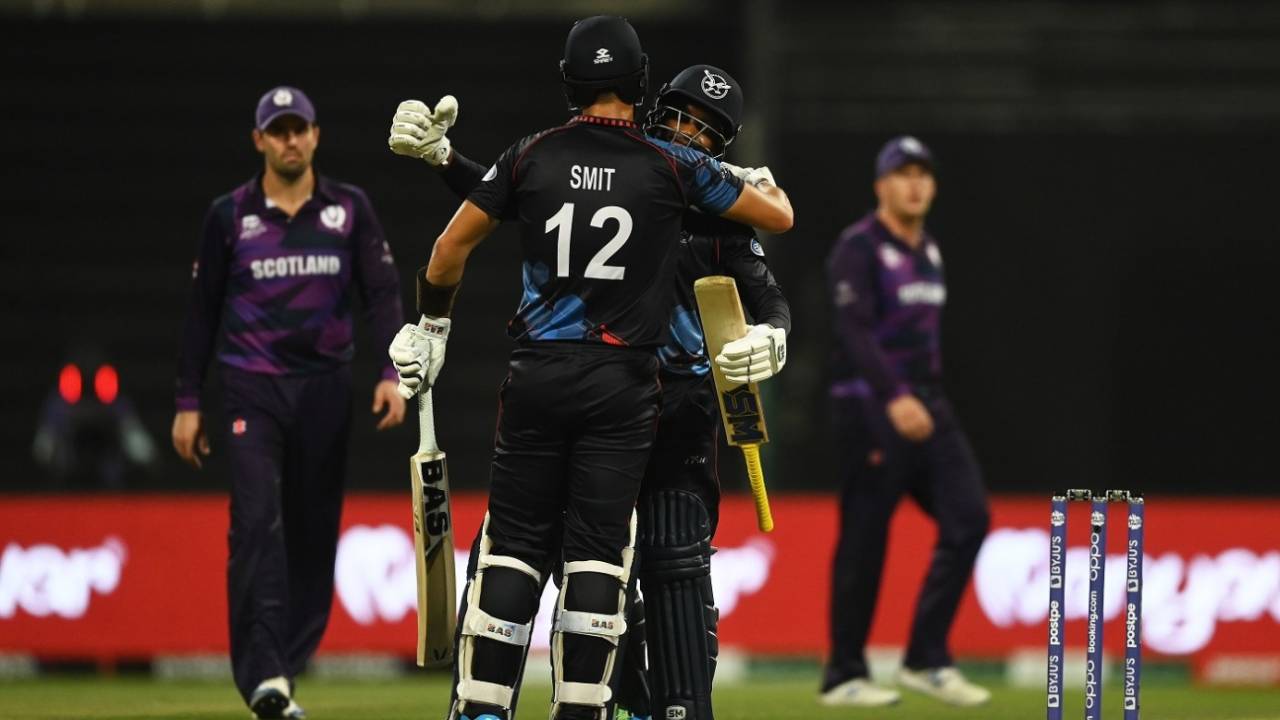 Pikky Ya France and JJ Smit embrace after the latter hit the winning six, Scotland vs Namibia, T20 World Cup 2021, Group 2, Abu Dhabi, October 27, 2021