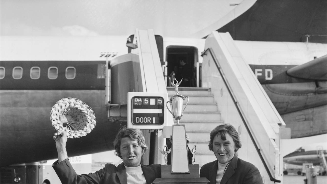 Rachael Heyhoe Flint and Lynne Thomas at London Airport on their return from the West Indies