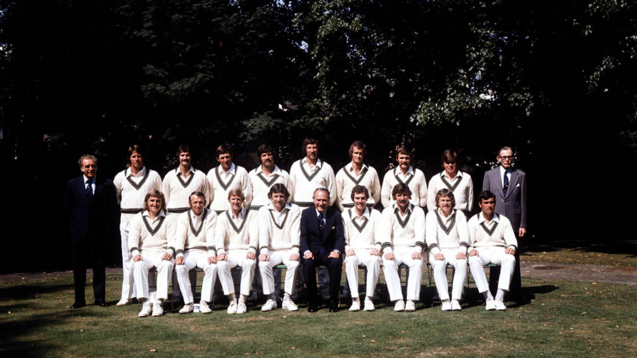 Ian Chappell's 1975 Australia squad to England. Back row (left to right): physio D McErlane, Jeff Thomson, Dennis Lillee, Rick McCosker, Alan Hurst, Max Walker, Ashley Mallett, Richie Robinson, Jim Higgs, scorer DK Sherwood. Front row: Gary Gilmour, Doug Walters, Ross Edwards, Ian Chappell, manager F Bennett, Greg Chappell, Rodney Marsh, Bruce Laird, Alan Turner, July 1, 1975