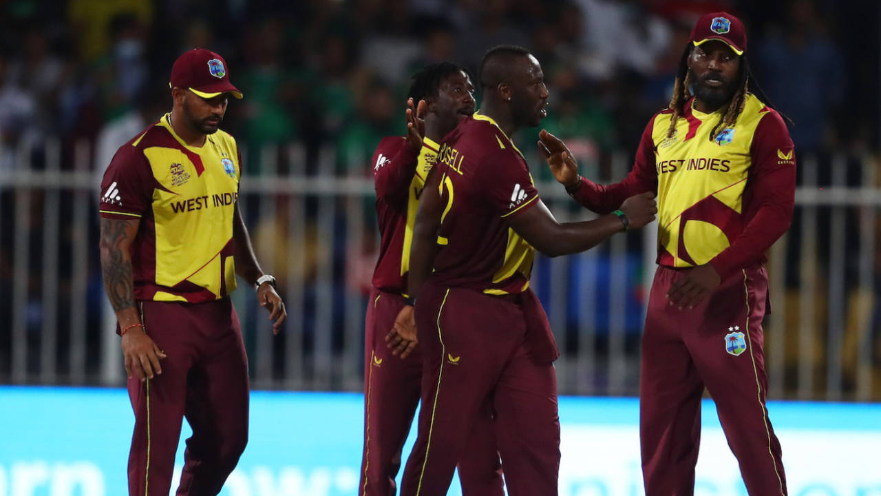 Andre Russell and Chris Gayle celebrate their thrilling win with team-mates, Bangladesh vs West Indies, T20 World Cup, Group 1, Sharjah, October 29, 2021