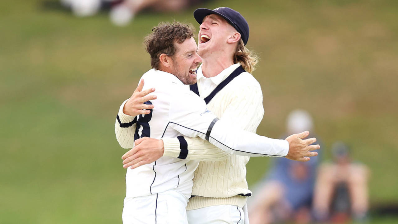 Jon Holland and Will Sutherland celebrate the final wicket, New South Wales vs Victoria, Sheffield Shield, Drummoyne Oval, October 30, 2021
