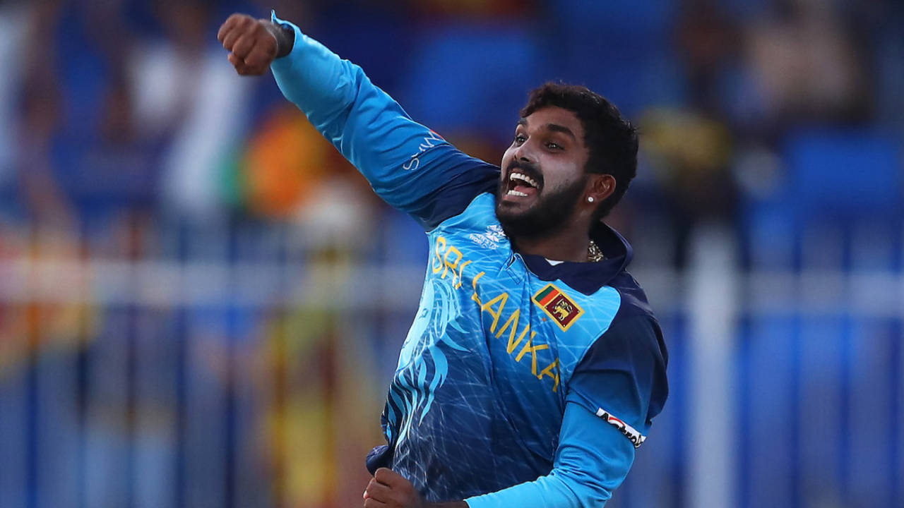 Wanindu Hasaranga is pumped after bagging a hat-trick, South Africa vs Sri Lanka, T20 World Cup, Group 1, Sharjah, October 30, 2021
