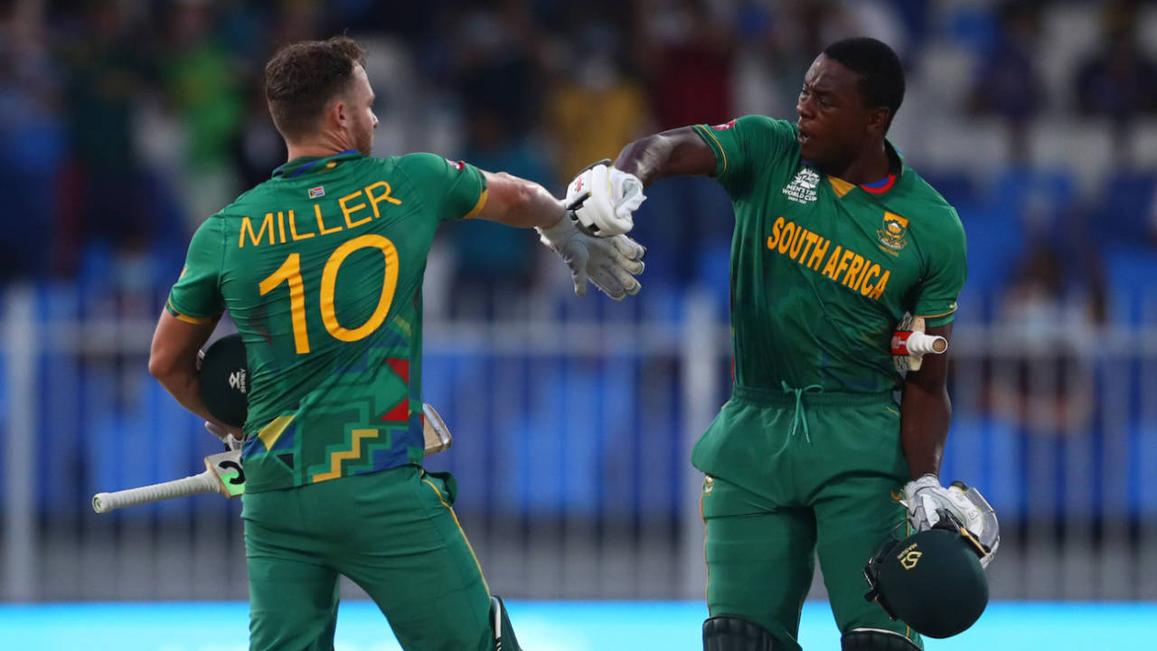 David Miller and Kagiso Rabada celebrate after the win against Sri Lanka&nbsp;&nbsp;&bull;&nbsp;&nbsp;ICC via Getty
