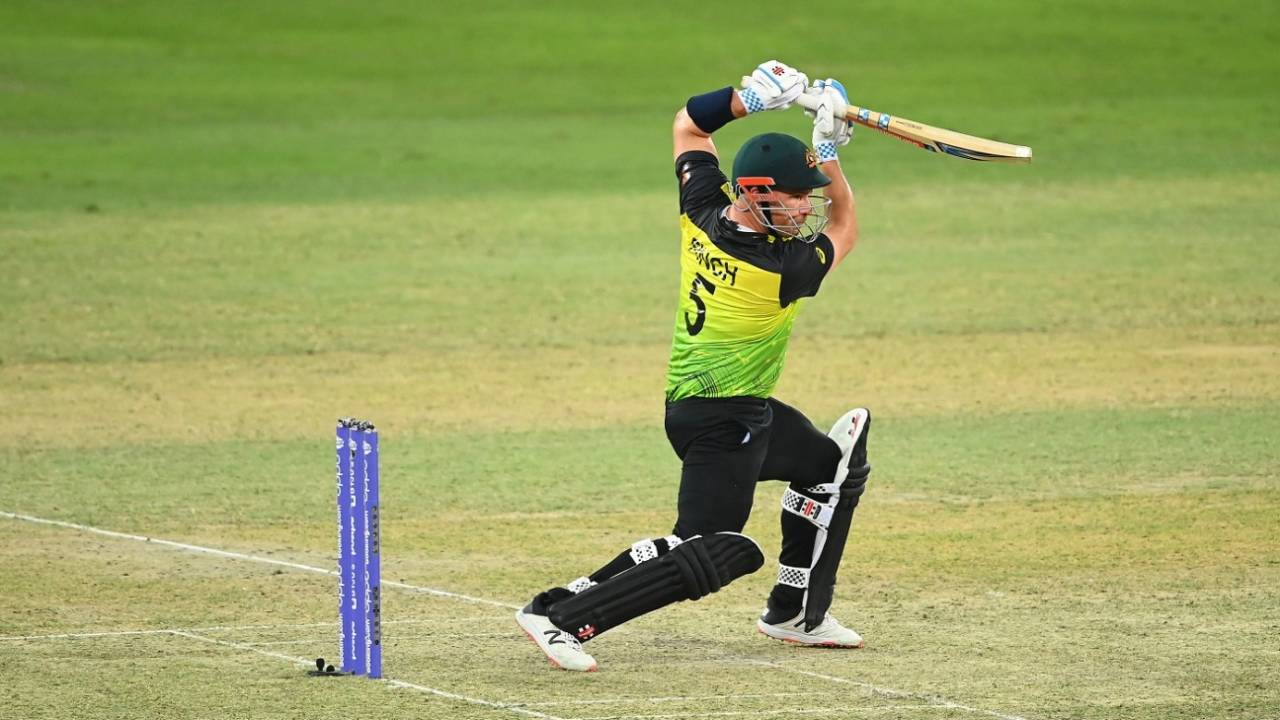 Aaron Finch drives one through the off side, Australia vs England, T20 World Cup, Group 1, Dubai, October 30, 2021