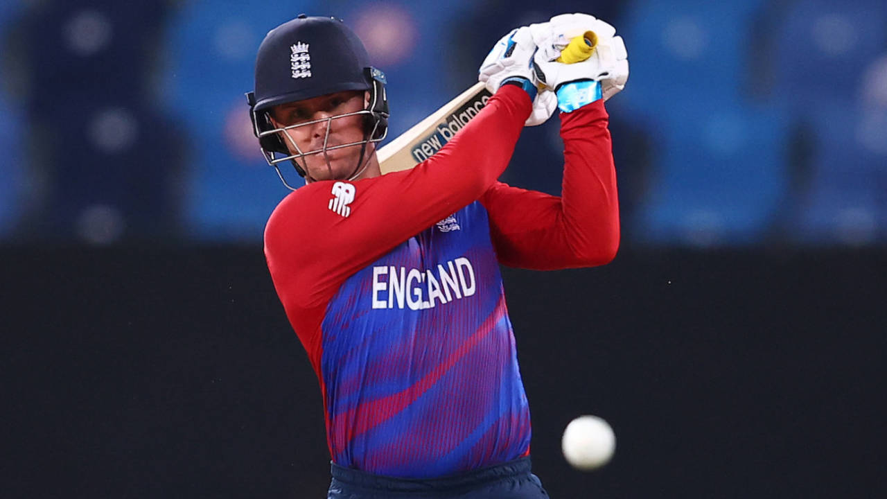Jason Roy hits powerfully down the ground, Australia vs England, T20 World Cup, Group 1, Dubai, October 30, 2021