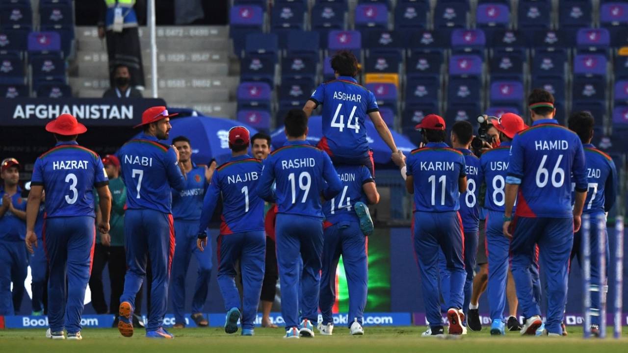 Asghar Afghan is carried by his team-mates after his final game, Afghanistan vs Namibia, T20 World Cup, Group 2, Abu Dhabi, October 31, 2021