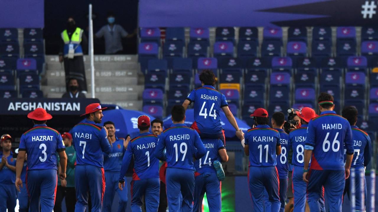 Asghar Afghan is carried by his team-mates after his final game, Afghanistan vs Namibia, T20 World Cup, Group 2, Abu Dhabi, October 31, 2021