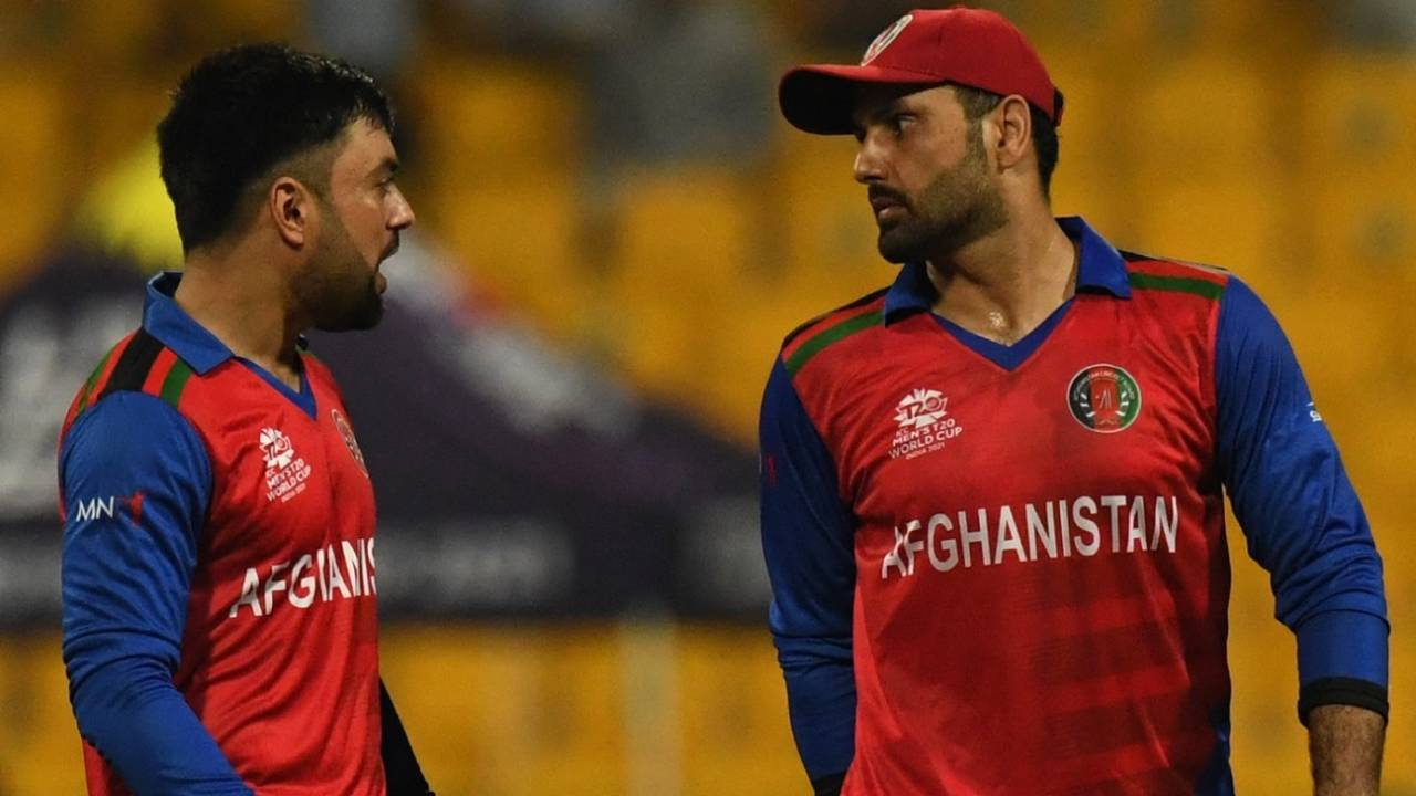 Rashid Khan and Mohammad Nabi have a chat, Afghanistan vs India, T20 World Cup, Group 2, Abu Dhabi, November 3, 2021