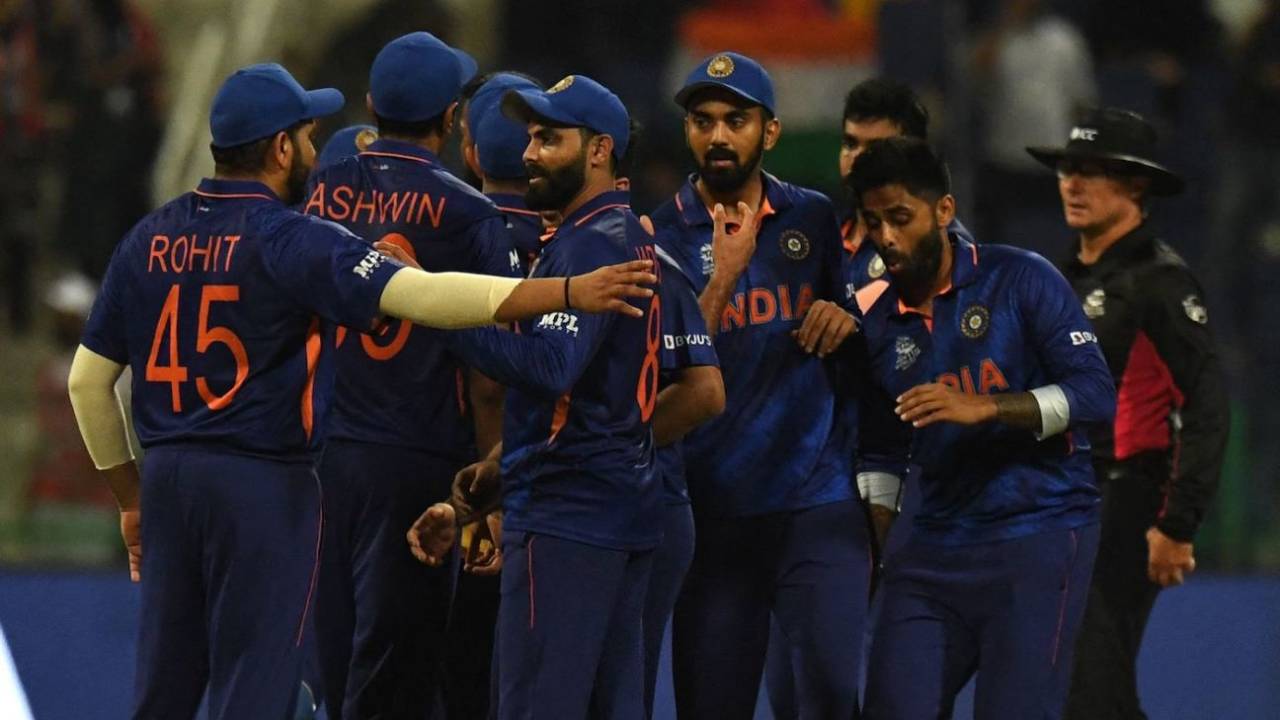 The Indians celebrate their win over Afghanistan, Abu Dhabi, November 3, 2021