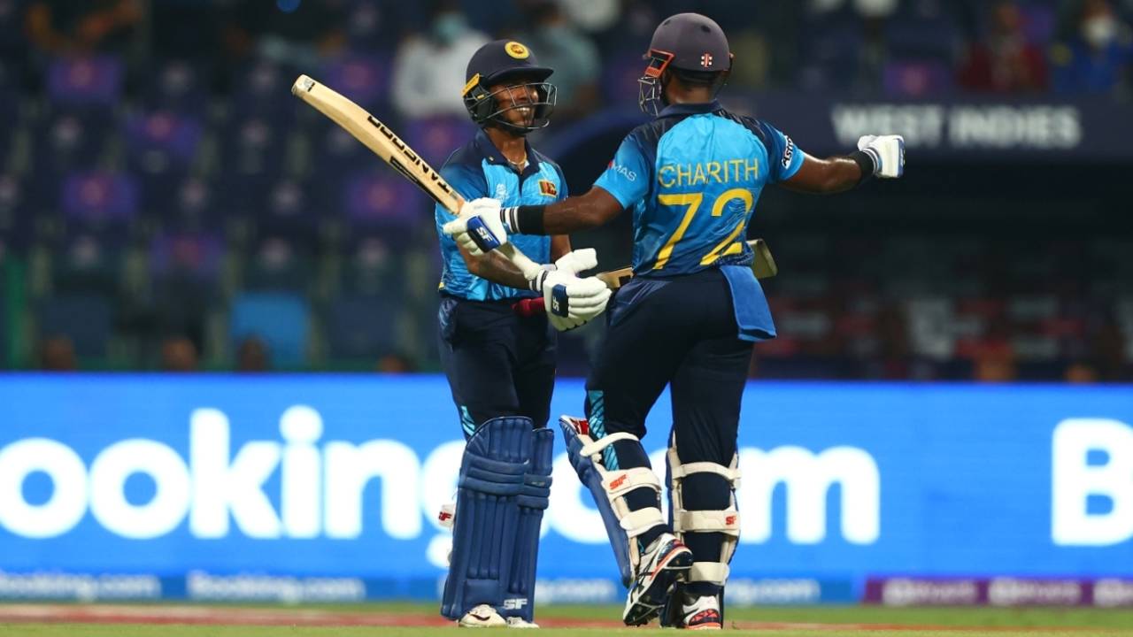 Pathum Nissanka gets a hug from Charith Asalanka after getting to fifty, Sri Lanka vs West Indies, Men's T20 World Cup 2021, Super 12s, Abu Dhabi, November 4, 2021