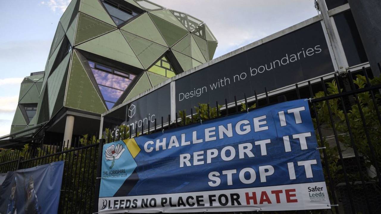 An anti-racism banner hangs outside Yorkshire's Headingley Stadium in Leeds&nbsp;&nbsp;&bull;&nbsp;&nbsp;AFP/Getty Images