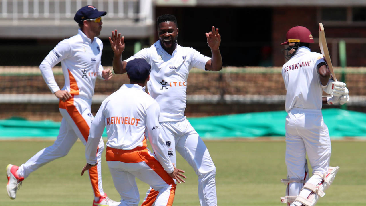 Mbulelo Budaza celebrates with Matthew Kleinveldt the wicket of Lesogo Senokwane, Knights vs North West, 4-Day Franchise Series, Division 1, Potchefstroom, 2nd day, November 6, 2021