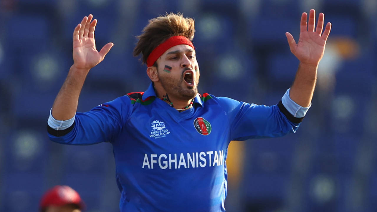 Hamid Hassan reacts after a close shave, Afghanistan vs New Zealand, T20 World Cup, Group 2, Abu Dhabi, November 7, 2021