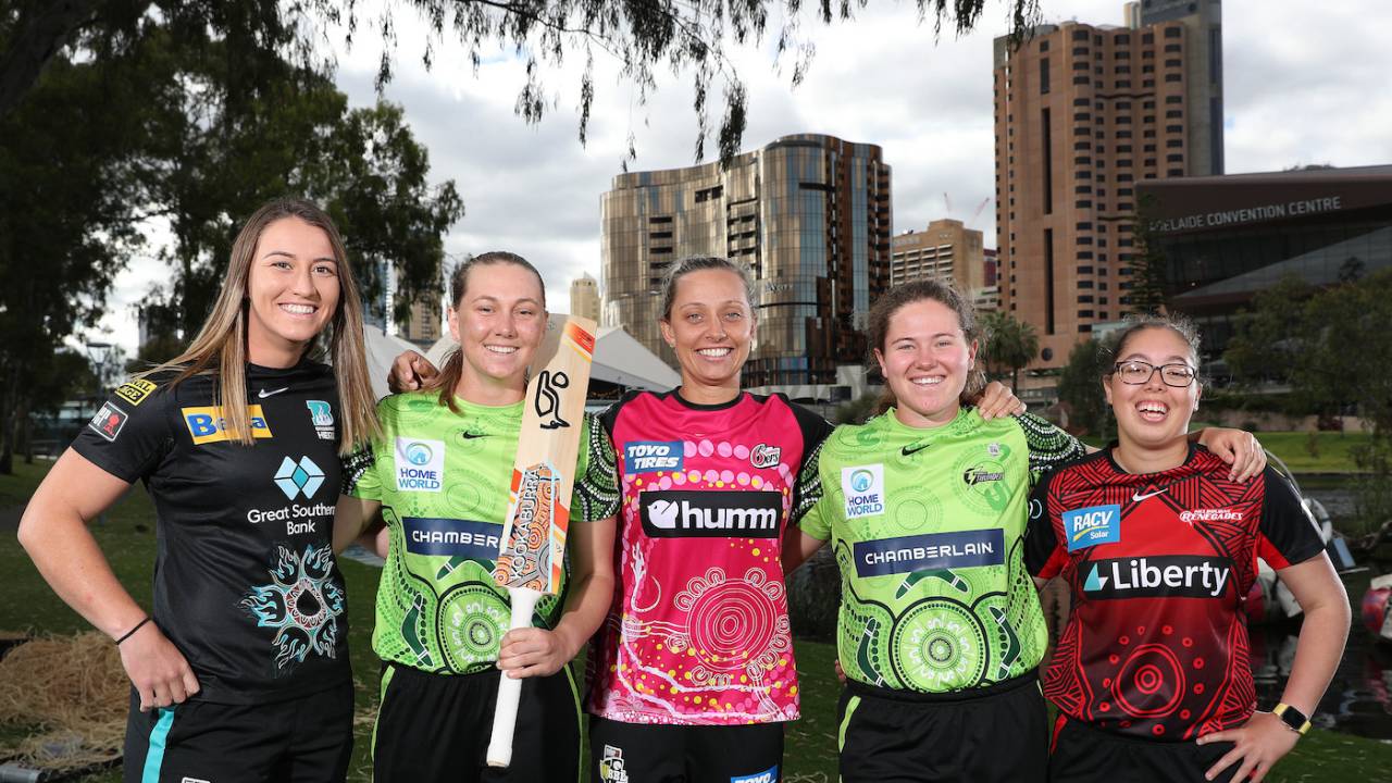 Indigenous players Mikayla Hinkley, Anika Learoyd, Ashleigh Gardner, Hannah Darlington and Ella Hayward during the WBBL First Nations Round Launch, Adelaide, November 8, 2021
