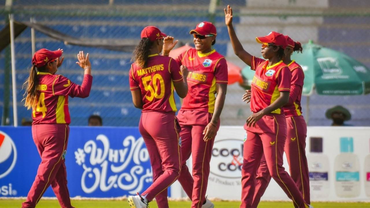Hayley Matthews celebrates a wicket with her team-mates, Pakistan Women vs West Indies Women, 1st ODI, Karachi, November 8, 2021