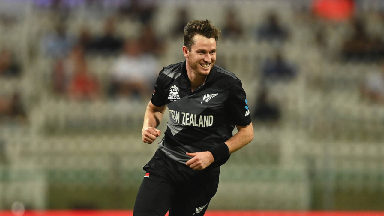 Adam Milne is all smiles after getting Jonny Bairstow's wicket, England vs New Zealand, T20 World Cup, 1st semi-final, Abu Dhabi, November 10, 2021