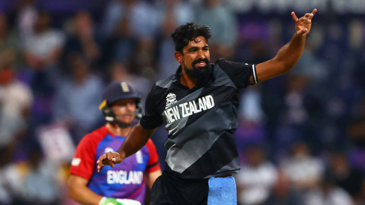 Ish Sodhi beat Jos Buttler on the reverse sweep to trap him lbw, England vs New Zealand, T20 World Cup, 1st semi-final, Abu Dhabi, November 10, 2021