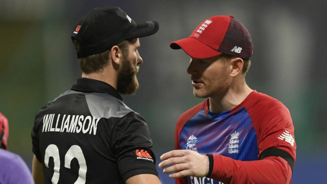 Kane Williamson and Eoin Morgan greet each other after the game, England vs New Zealand, T20 World Cup, 1st semi-final, Abu Dhabi, November 10, 2021