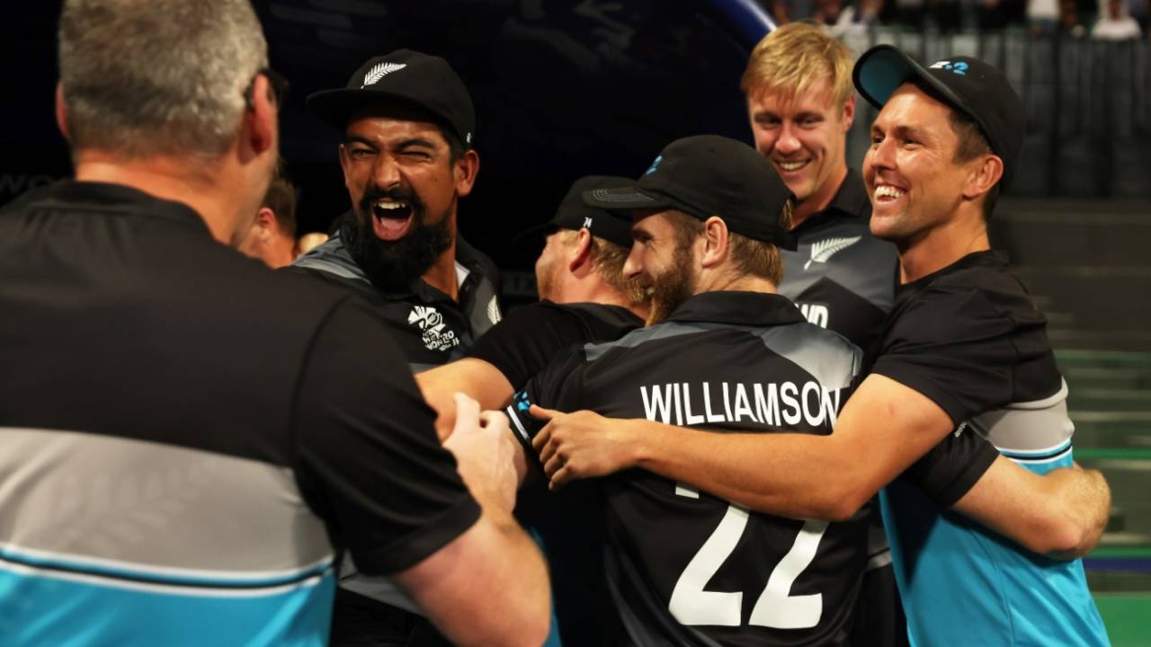 The New Zealand dugout erupts as victory is secured, England vs New Zealand, Men's T20 World Cup 2021, 1st semi-final, Abu Dhabi, November 10, 2021
